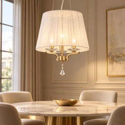 Ideal lux Pegaso Lampadario moderno con corpo in metallo e paralume in cristallo e organza Colore: Ottone