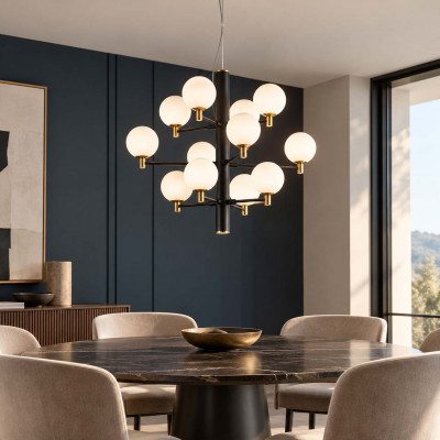 Ideal lux Copernico Lampadario moderno in metallo con 12 diffusori a boccia in vetro Colore: Nero