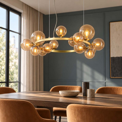 Ideal lux Perlage Lampadario moderno in metallo con 14 diffusori in vetro a boccia Colore: Ambra