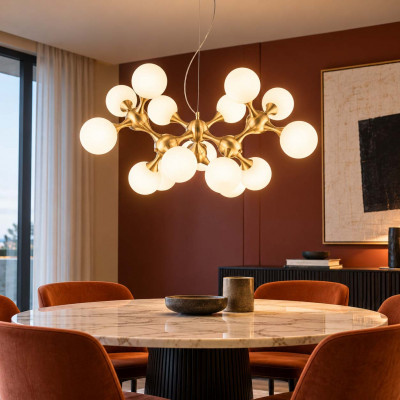 Ideal lux Nodi Lampadario moderno in metallo con 15 diffusori in vetro acidato Colore: Ottone