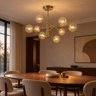 Ideal lux Equinoxe Lampadario moderno in metallo e 8 diffusori a boccia in vetro Colore: Ambra