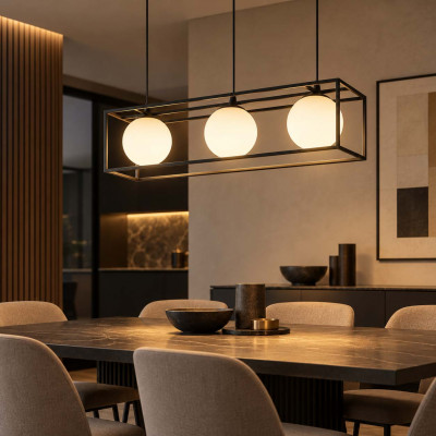 Ideal lux Lingotto Lampadario moderno in metallo rettangolare con 3 diffusori a boccia in vetro Colore: Nero