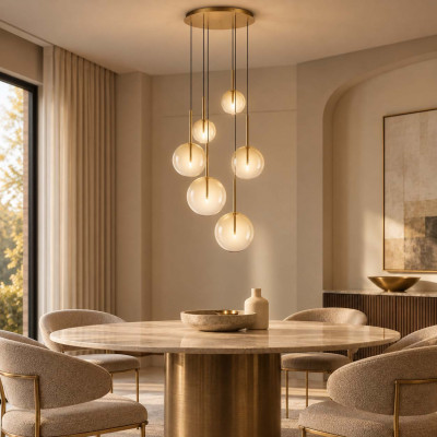 Ideal lux Equinoxe Lampadario rotondo moderno in metallo con 6 diffusori a boccia in vetro Colore: Ambra