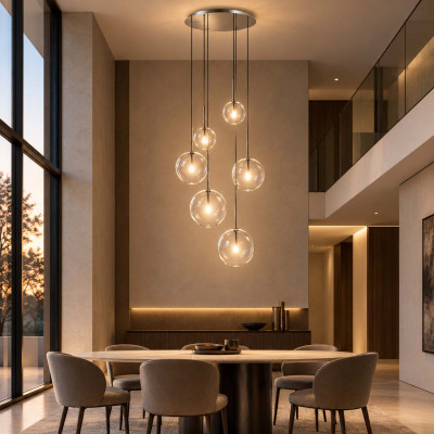 Ideal lux Equinoxe Lampadario rotondo moderno in metallo con 6 diffusori a boccia in vetro Colore: Cromato