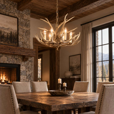 Ideal lux Chalet Lampadario rustico in metallo con elementi decorativi in resina Colore: Beige