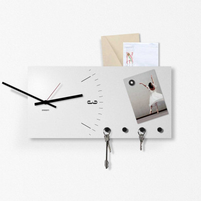 Design Object Portachiavi con orologio e portalettere da parete in metallo "CLOCK&MORE" Colore: Grigio Chiaro