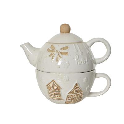  Kaemingk - Set da thè con tazza e teiera in dolomite con decori natalizi - Colore: Panna - SKU: 463361 