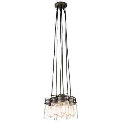 Kichler - Brinley - Lampada a sospensione in acciaio dal design industrial con 6 diffusori in vetro - Colore: Bronzo - 6 Lampadine - E27 - 60W - IP20 - SKU: KL-BRINLEY6-OZ