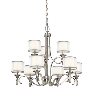 Kichler - Lacey - Lampadario grande in acciaio con 9 diffusori in tessuto dal design elegante - Colore: Satinato - 9 Lampadine - E14 - 60W - IP20 - SKU: KL-LACEY9-AP