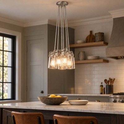 Kichler Brinley Lampadario in acciaio dal design industrial con 6 diffusori a grappolo in vetro Colore: Nichel