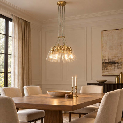 Kichler Brinley Lampadario in acciaio dal design industrial con 6 diffusori a grappolo in vetro Colore: Ottone