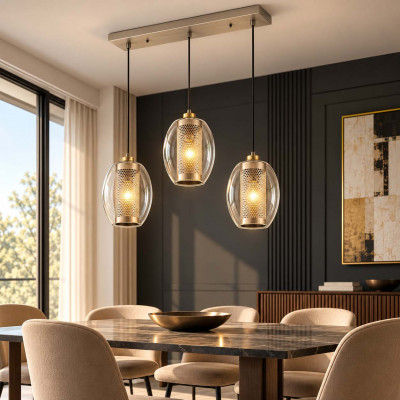 Kichler Asher Lampadario lineare in acciaio 3 diffusori pendenti in vetro