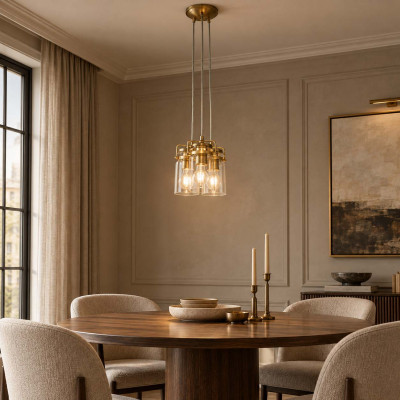 Kichler Brinley Lampadario moderno in acciaio con 3 diffusori in vetro a grappolo Colore: Ottone