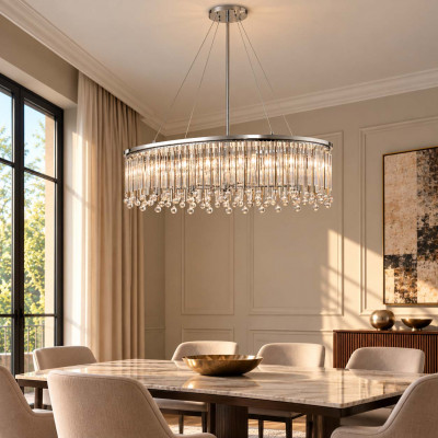 Kichler Piper Lampadario ovale a 6 luci dalle linee moderne in acciaio e pendenti in cristallo Colore: Cromato