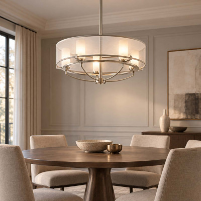 Kichler Saldana Lampadario rotondo a 5 luci con diffusore in vetro e organza dal design moderno Colore: Satinato
