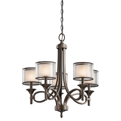 Kichler - Lacey - Lampadario rustico in acciaio con diffusori in vetro opalino e maglia di lino - Colore: Bronzo - 5 Lampadine - E14 - 60W - IP20 - SKU: KL-LACEY5-MB