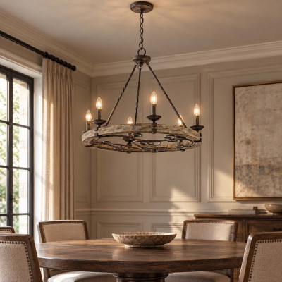 Kichler Taulbee Lampadario stile rustico a 6 luci in metallo e impiallacciatura in legno Colore: Ruggine