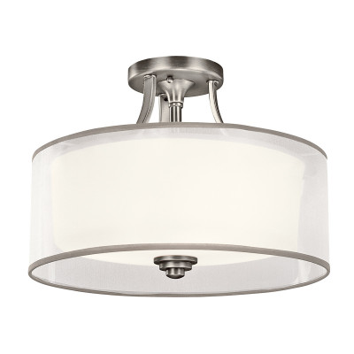 Kichler - Lacey - Plafoniera da soffitto rustica grande con diffusore in vetro opalino e lino - Colore: Satinato - 3 Lampadine - E27 - 60W - IP20 - SKU: KL-LACEY-SF-AP