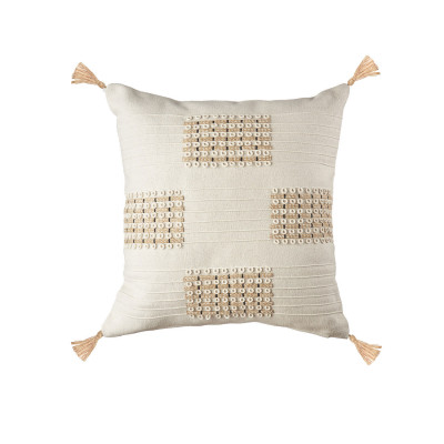 L'Oca Nera - Modern Country - Cuscino quadrato con ricami in cotone e nappe 45x45 - Colore: Bianco - SKU: 1C201