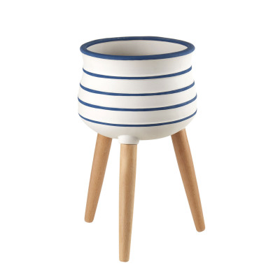 L'Oca Nera - Orizzonti - Cache-pot basso in ceramica con piedi in legno a tema marinaro - Colore: Bianco/Blu - SKU: 1S124