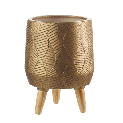 L'Oca Nera - Ethno Chic - Cache-pot basso in ceramica con piedi in legno dal design moderno - Colore: Oro - SKU: 1S132