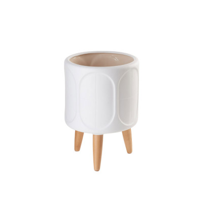 L'Oca Nera - Urban - Cache-pot basso in ceramica con piedi in legno dal design moderno - Colore: Bianco - SKU: 1S149