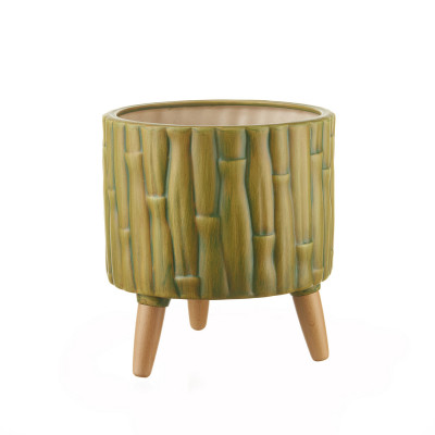 L'Oca Nera - Ethno Chic - Cachepot basso in ceramica de texture finto bamboo e piedi in legno - Colore: Salvia - SKU: 1S138