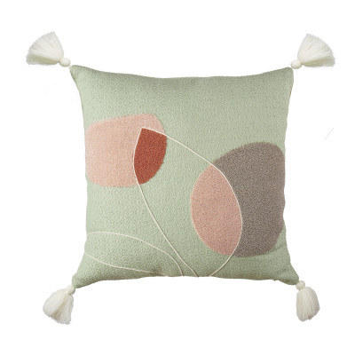 L'Oca Nera - Fashion - Cuscino quadrato in cotone con ricami astratti e nappe 45x45 - Colore: Verde Acqua - SKU: 1C199