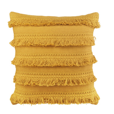 L'Oca Nera - Orizzonti - Cuscino quadrato in cotone con ricami e frange 45x45 - Colore: Giallo - SKU: 1C156