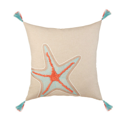 L'Oca Nera - Orizzonti - Cuscino quadrato in cotone con ricami e stella marina 45x45 - Colore: Panna - SKU: 1C228
