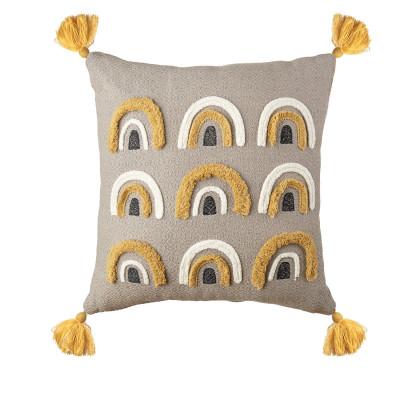 L'Oca Nera - Ethno Chic - Cuscino quadrato in cotone con ricami etnici e nappe 45x45 - Colore: Tortora - SKU: 1C195