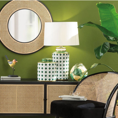  L'Oca Nera - Ethno Chic - Lampada da tavolo con base in porcellana e diffusore in tessuto - Colore: Bianco/Verde - 1 Lampadina E27 60W - SKU: 1G156 