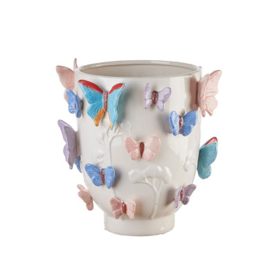 L'Oca Nera - Modern Country - Vaso basso in ceramica con farfalle dal design moderno - Colore: Multicolore - SKU: 1M341