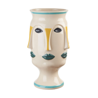 L'Oca Nera - Orizzonti - Vaso in ceramica alto con visi decorati a mano - Colore: Panna/Turchese - SKU: 1M340