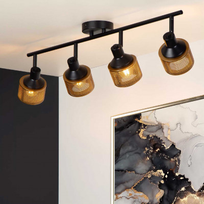 Lucide - Rafa - Faretto con struttura lineare e 4 diffusori orientabili moderni - Colore: Nero/Oro - 4 Lampadine E14 40W - 20 - SKU: 77980/04/30