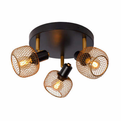 Lucide - Maren - Faretto con struttura rotonda in metallo moderna e 3 diffusori orientabili - Colore: Nero/Oro - 3 Lampadine - E14 - 40W - 20 - SKU: 77978/13/02