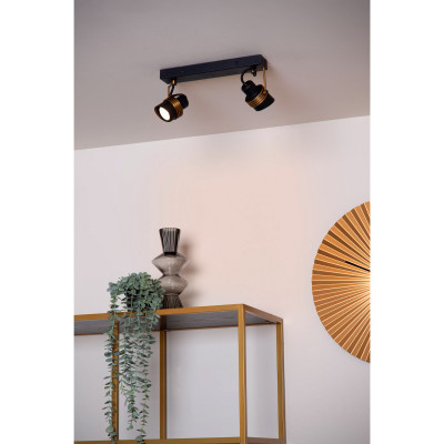 Lucide - Tundran - Faretto da soffitto dalle linee moderne in metallo doppio diffusore orientabile - Colore: Nero/Oro - 2 Lampadine GU10 5W - IP20 - SKU: 34944/02/30