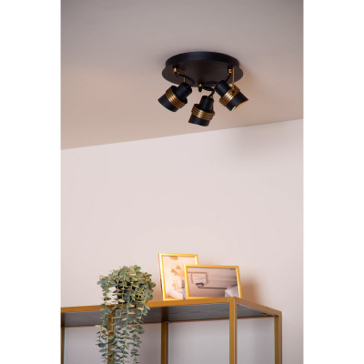 Lucide - Tundran - Faretto da soffitto dalle linee moderne in metallo triplo diffusore orientabile - Colore: Nero/Oro - 3 Lampadine GU10 5W - IP20 - SKU: 34944/13/30
