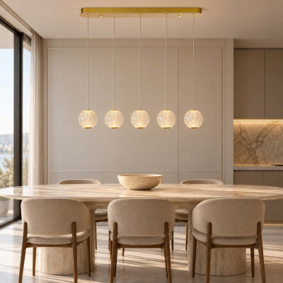 Lucide Cintra Lampadario moderno lineare con 5 diffusori LED dimmerabili a boccia in vetro Colore: Oro