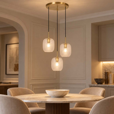 Lucide Alicent Lampadario moderno rotondo con 3 diffusori pendenti in vetro Colore: Ottone