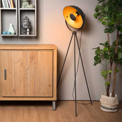 Lucide - Alvaro - Piantana in acciaio verniciato con diffusore orientabile dal design moderno - Colore: Nero/Oro - 1 Lampadina E27 40W - IP20 - SKU: 05730/01/30