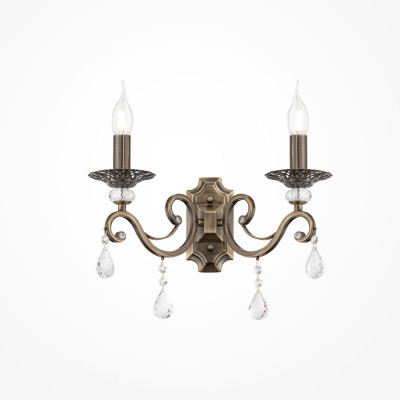 Maytoni - Grace - Applique classica in metallo a 2 braccia con cristalli e lampadine a fiamma - Colore: Ottone - 2 Lampadine E14 60W - IP20 - SKU: RC247-WL-02-R