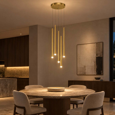 Maytoni Cascade Lampadario moderno a led con 5 pendenti tubolari Colore: Ottone