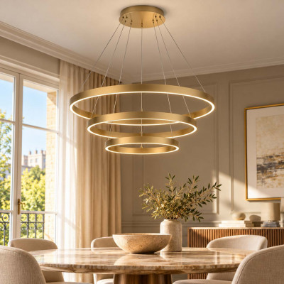Maytoni Rim Lampadario moderno a LED con tre diffusori a cerchi regolabili in alluminio Colore: Ottone