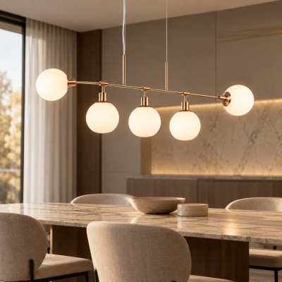 Maytoni Erich Lampadario moderno in metallo con 5 diffusori a boccia in vetro opalino Colore: Oro