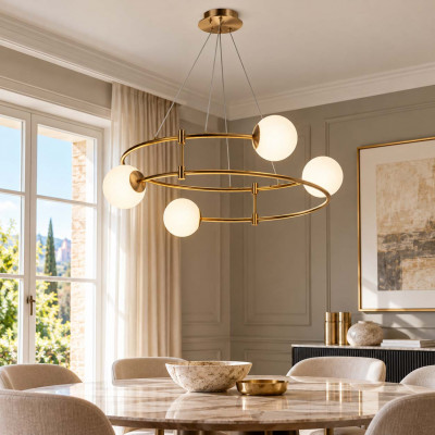 Maytoni Balance Lampadario moderno in metallo rotondo con diffusori a bocce in vetro Colore: Oro
