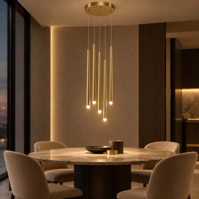 Maytoni Cascade Lampadario moderno rotondo con 5 diffusori pendenti a LED tubolari Colore: Ottone