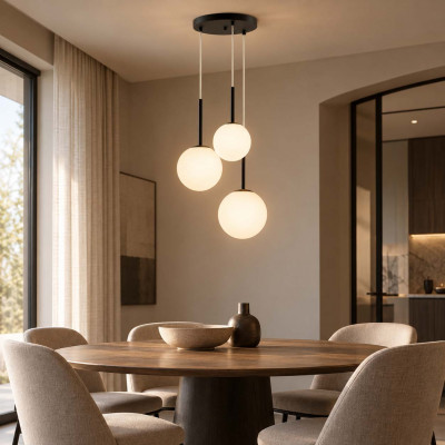 Maytoni Basic Form Lampadario rotondo moderno in metallo con 3 diffusori a boccia in vetro Colore: Nero