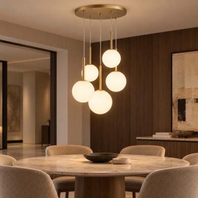 Maytoni Basic Form Lampadario rotondo moderno in metallo con 5 diffusori pendenti a boccia in vetro Colore: Oro