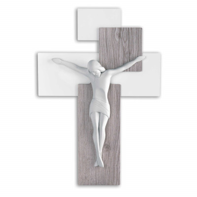 Bongelli Preziosi Crocifisso bianco dalle linee moderne con pannello in legno 27x19 Colore: Rovere/Bianco